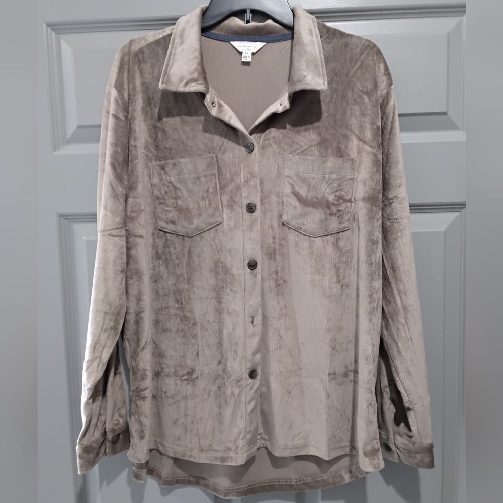 Weatherproof Womens Taupe Velour Button Down Shirt